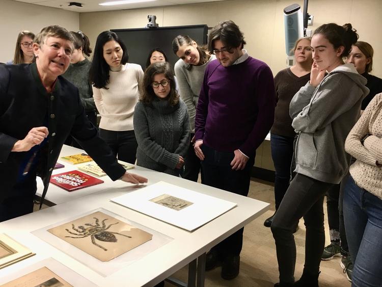 Curator Andrea Immel shows an item to students from the Princeton Baby Lab
